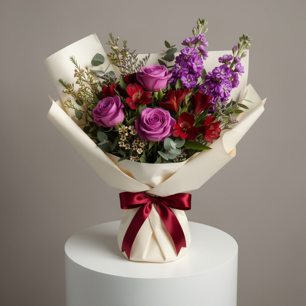 Purple Rose & Red Alstroemeria Bouquet