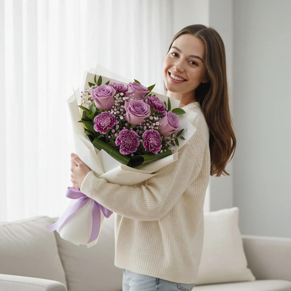 Purple Roses & Carnations Graduation Bouquet held by a model, view 1