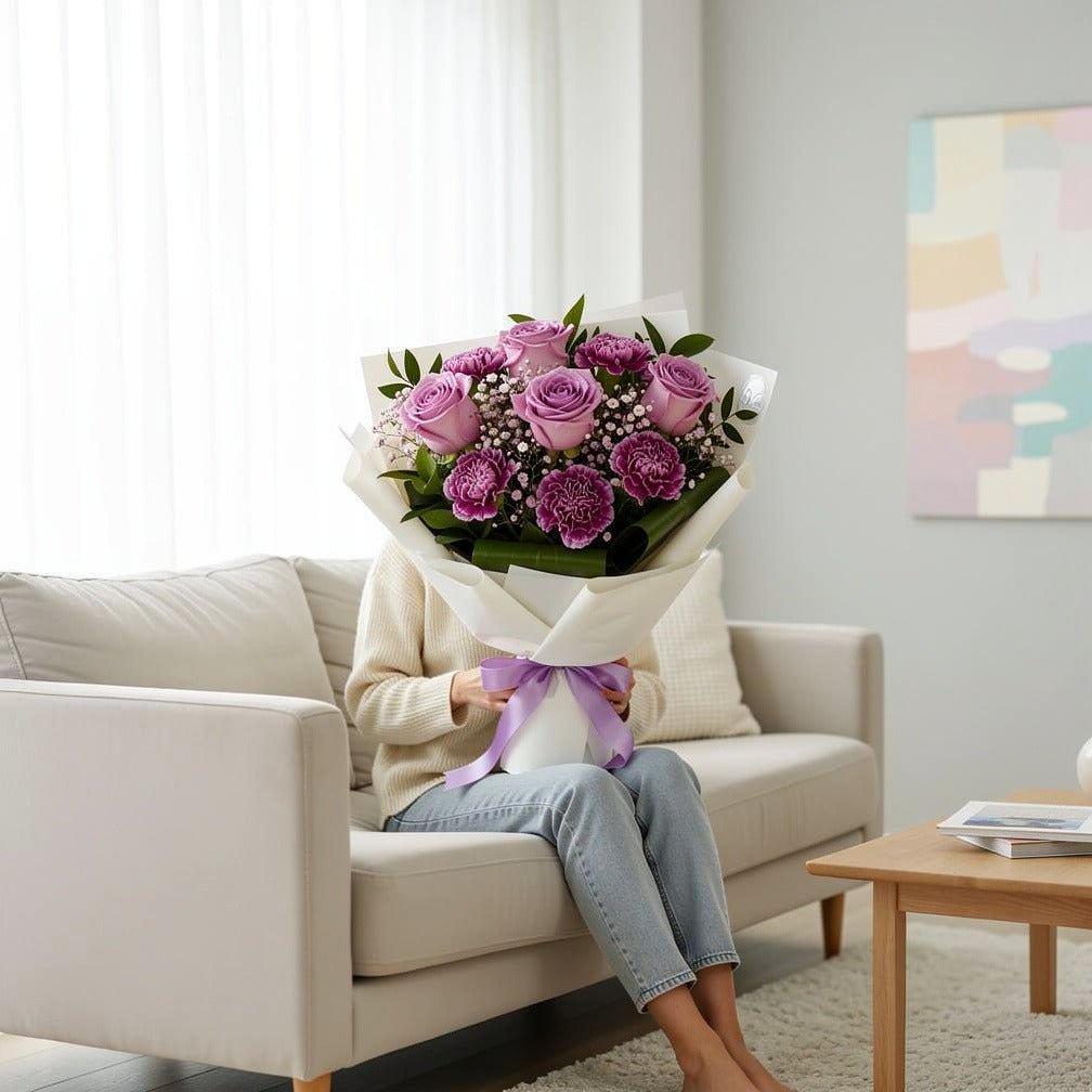 Purple Roses & Carnations Graduation Bouquet held by a model, view 3