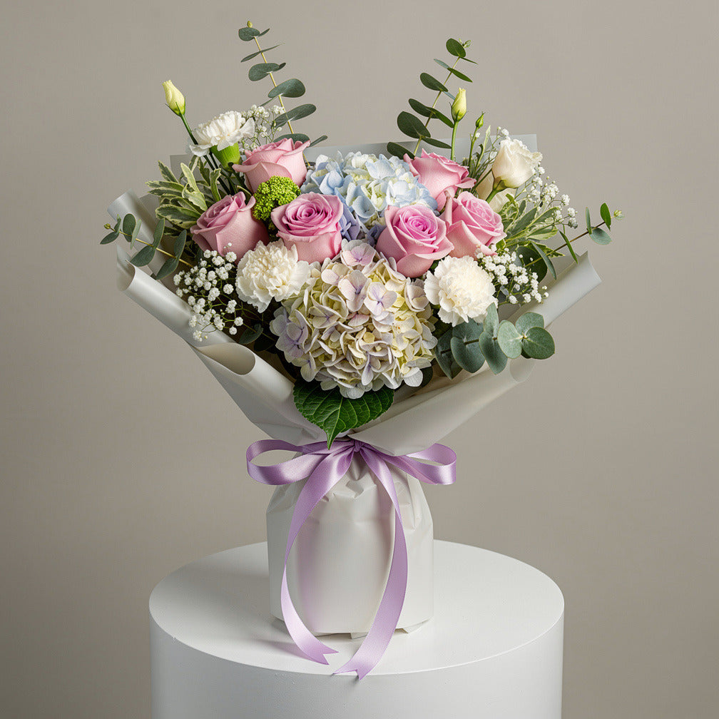 Purple Roses, White Carnations & Blue Hydrangea Bouquet for Birthday
