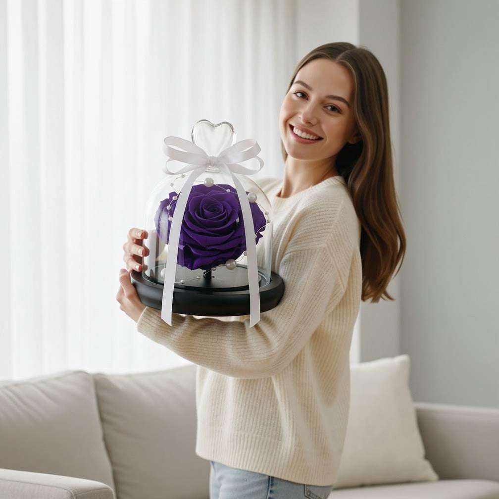 Purple Small Preserved Rose held by a model, view 1