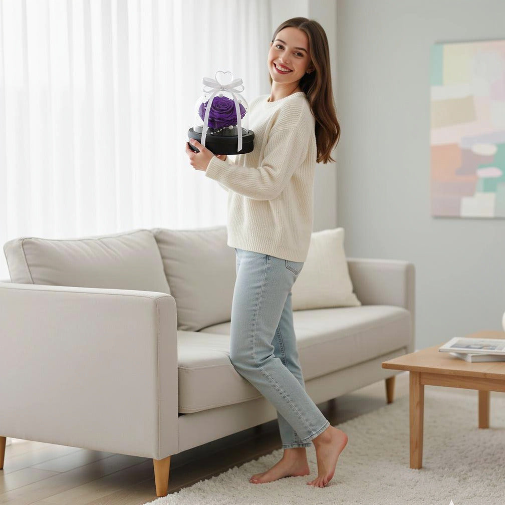 Purple Small Preserved Rose held by a model, view 2
