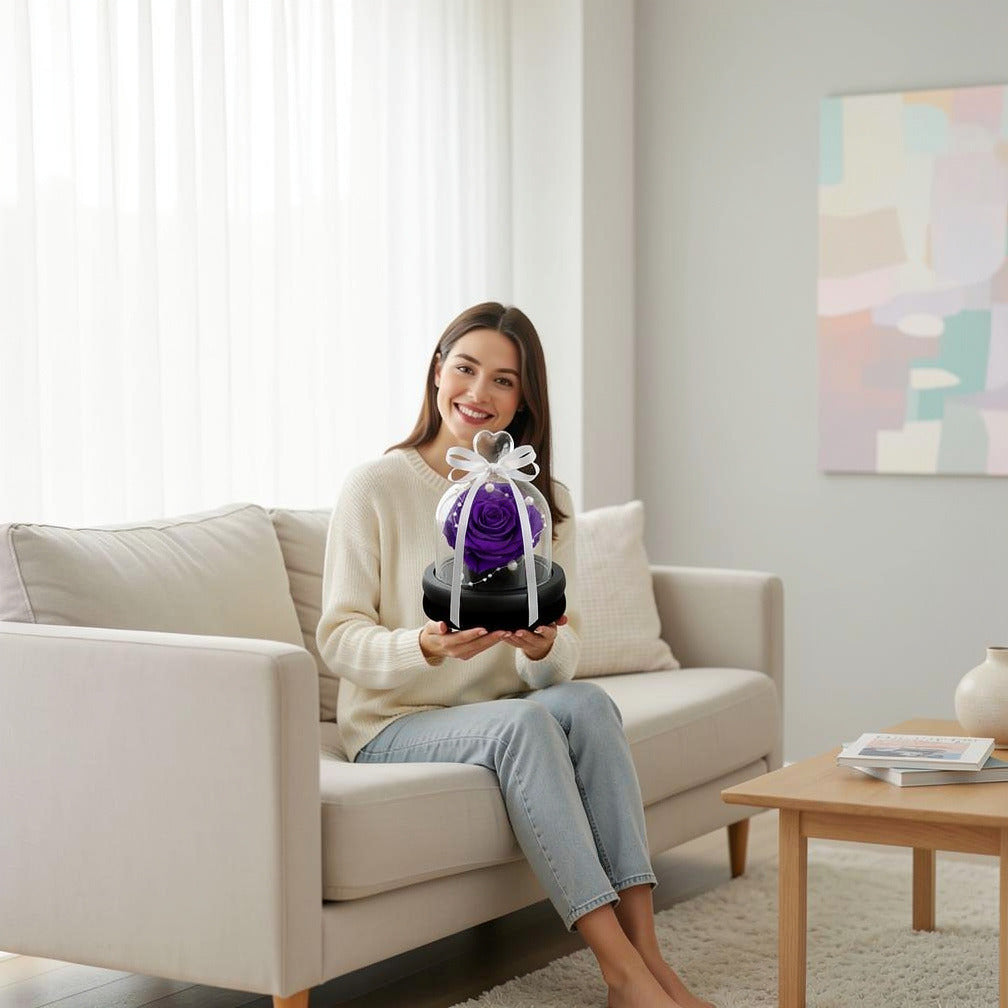 Purple Small Preserved Rose held by a model, view 3