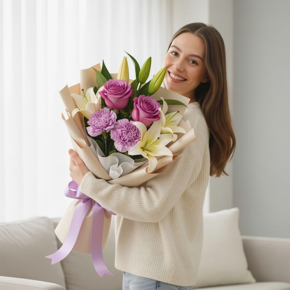 Purple & White Elegance Graduation Bouquet held by a model, view 1