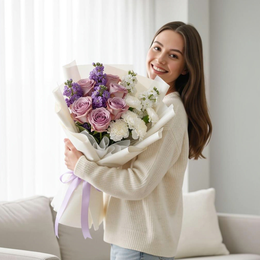 Purple & White Mixed Blooms Bouquet held by a model, view 1