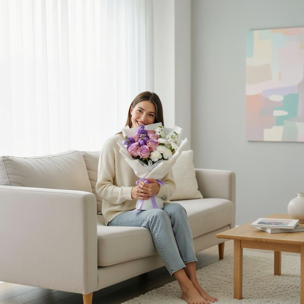 Purple & White Mixed Blooms Bouquet held by a model, view 3