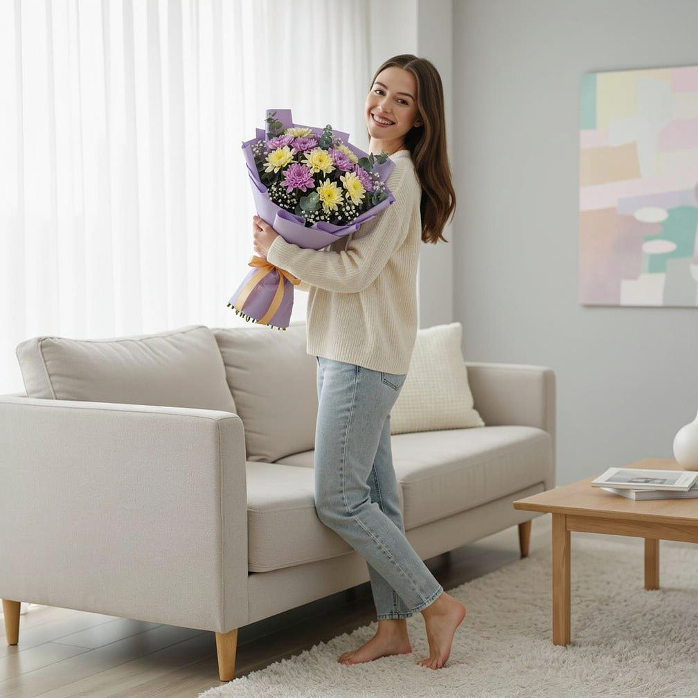Purple & Yellow Chrysanthemum Bouquet held by a model, view 2