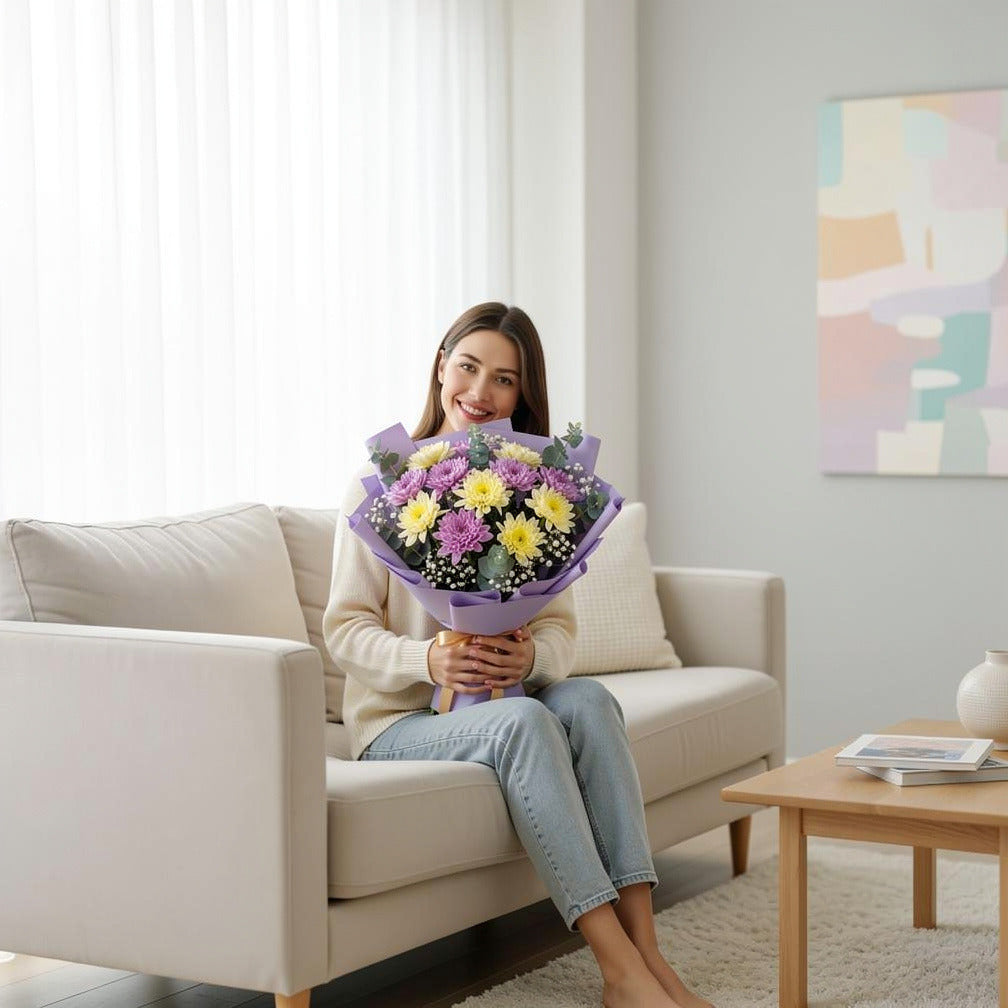 Purple & Yellow Chrysanthemum Bouquet held by a model, view 3