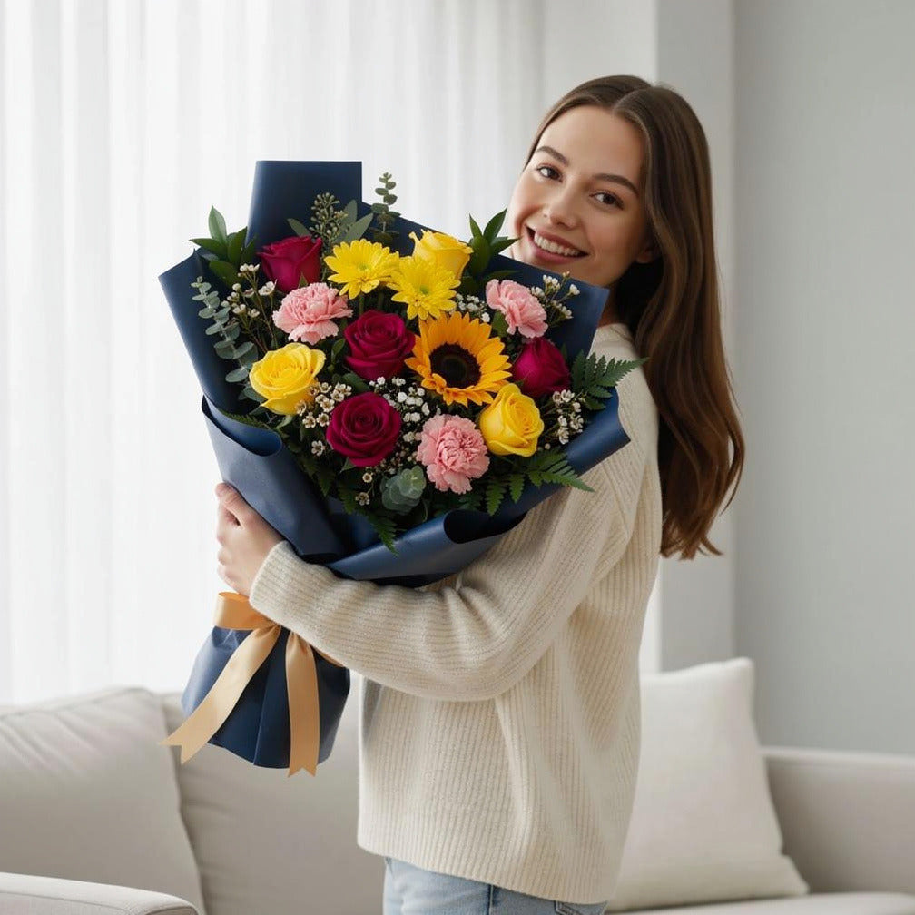Radiance Eid Bouquet of Pink, Yellow & Blue Flowers held by a model, view 1