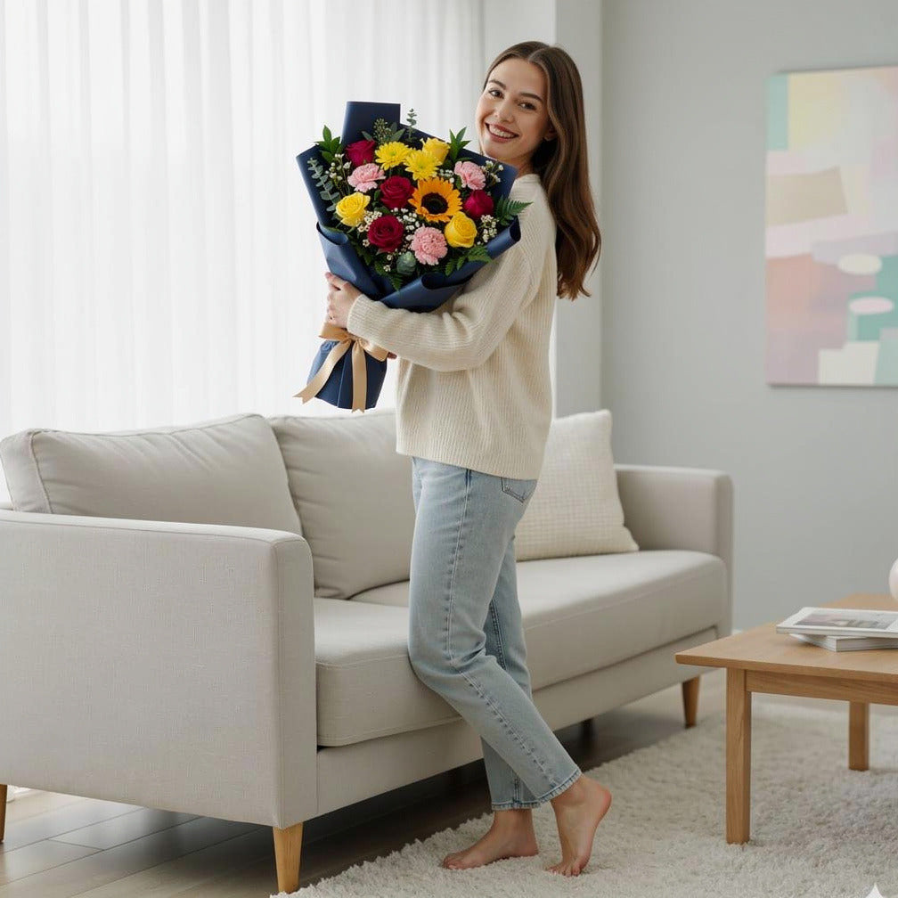 Radiance Eid Bouquet of Pink, Yellow & Blue Flowers held by a model, view 2