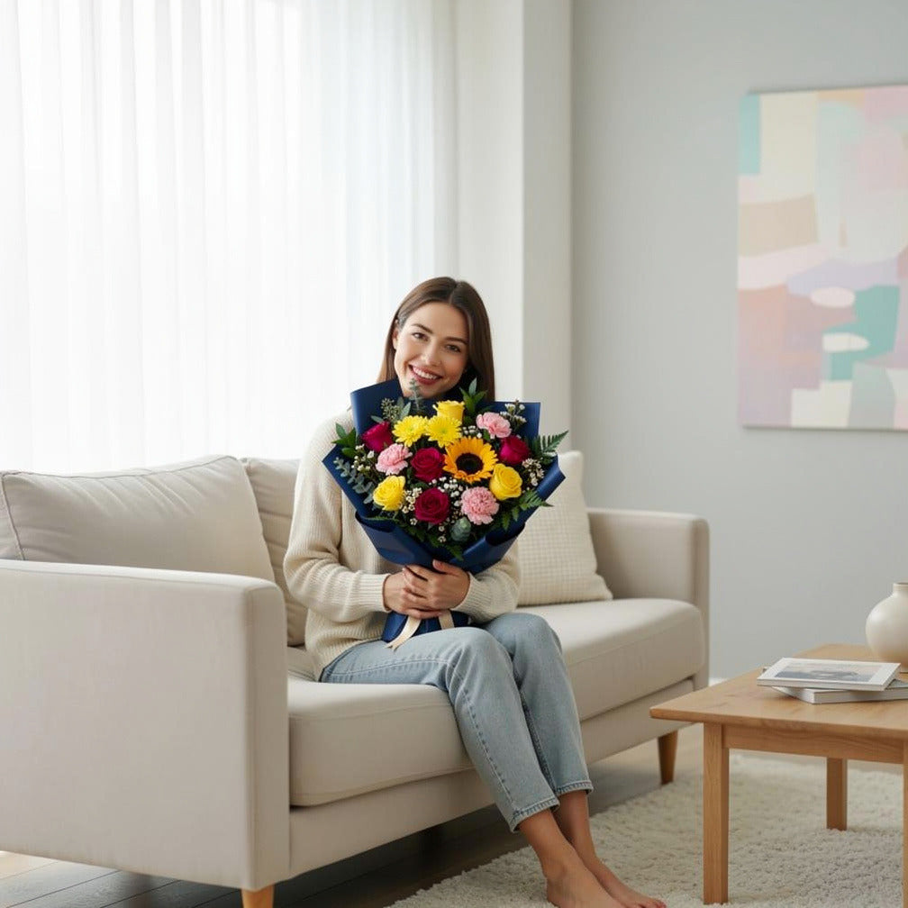 Radiance Eid Bouquet of Pink, Yellow & Blue Flowers held by a model, view 3