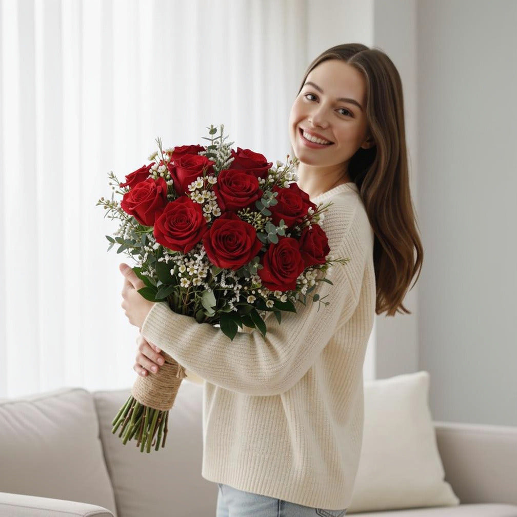 Radiant Bridal Bouquet of 12 Red Roses held by a model, view 1