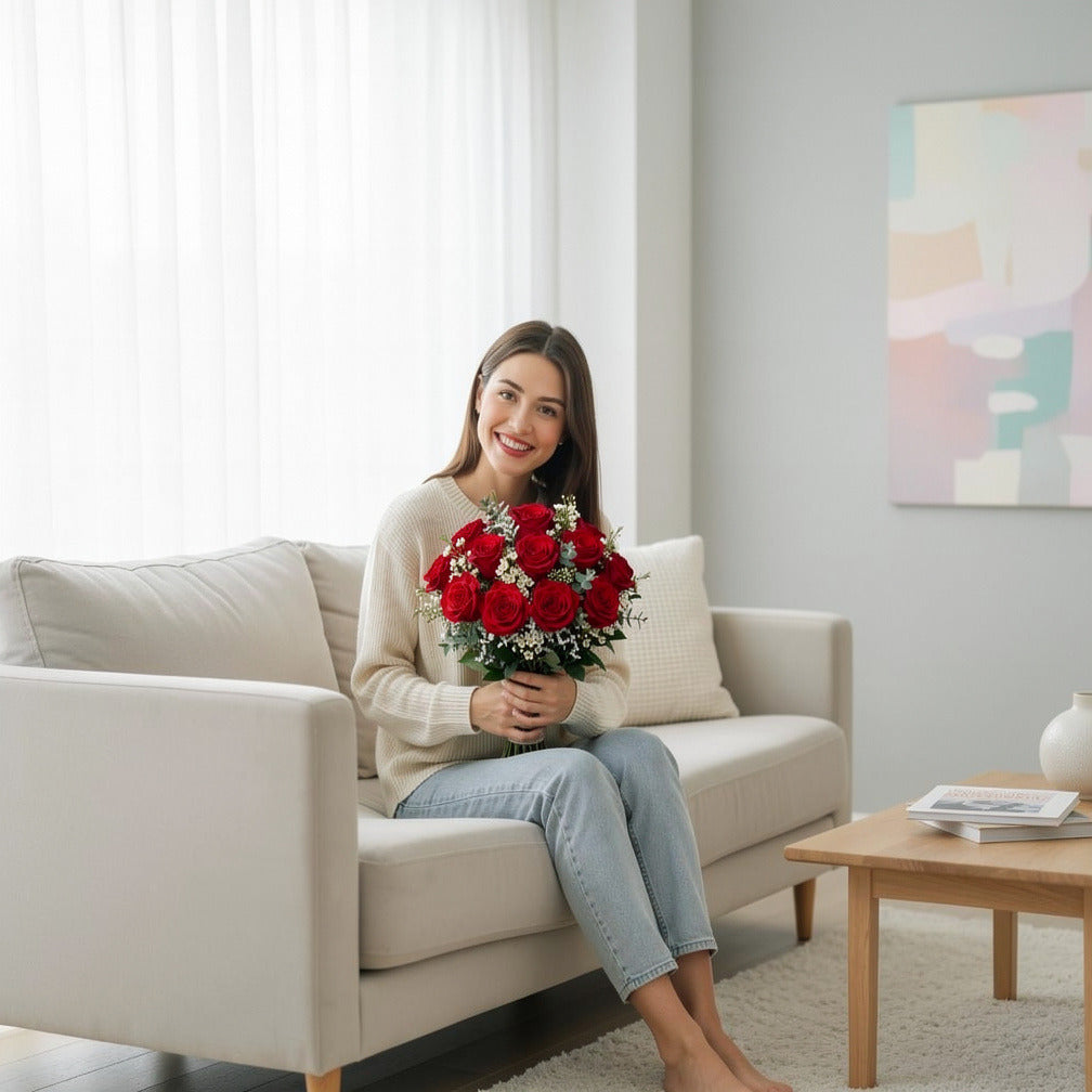 Radiant Bridal Bouquet of 12 Red Roses held by a model, view 3