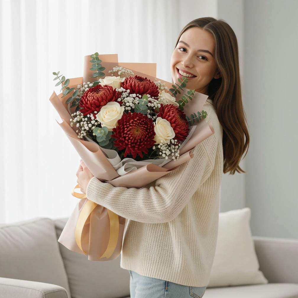 Red Chrysanthemum & White Rose Bouquet for Anniversary held by a model, view 1