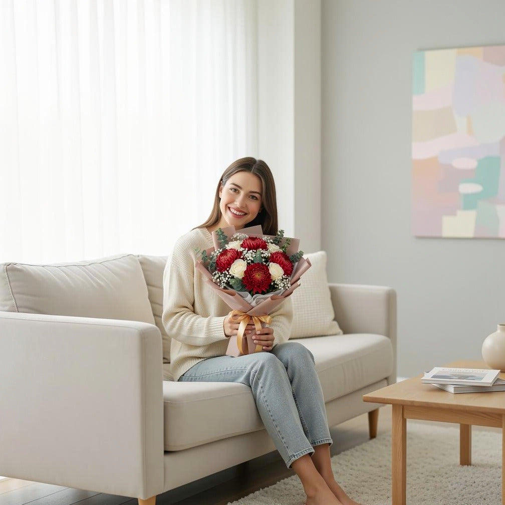 Red Chrysanthemum & White Rose Bouquet for Anniversary held by a model, view 3