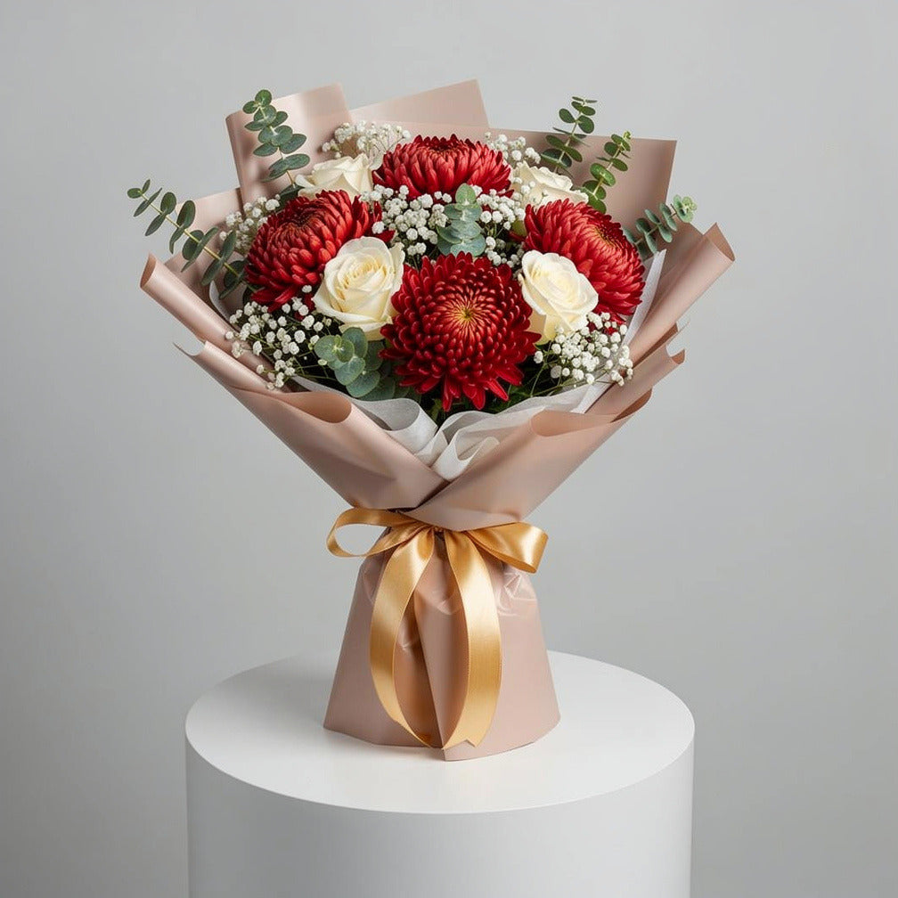 Red Chrysanthemum & White Rose Bouquet for Anniversary
