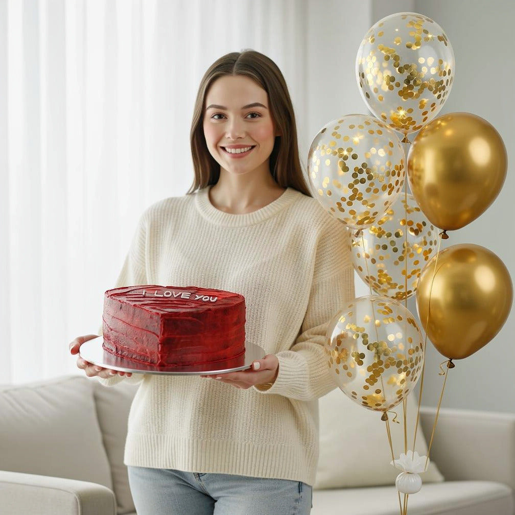 Red Heart Cake & Golden Balloons Set held by a model, view 1