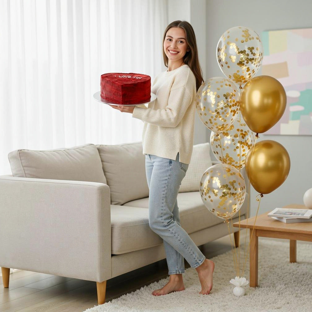 Red Heart Cake & Golden Balloons Set held by a model, view 2