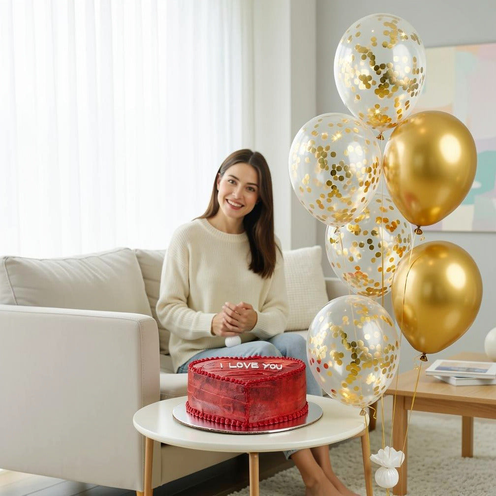 Red Heart Cake & Golden Balloons Set held by a model, view 3