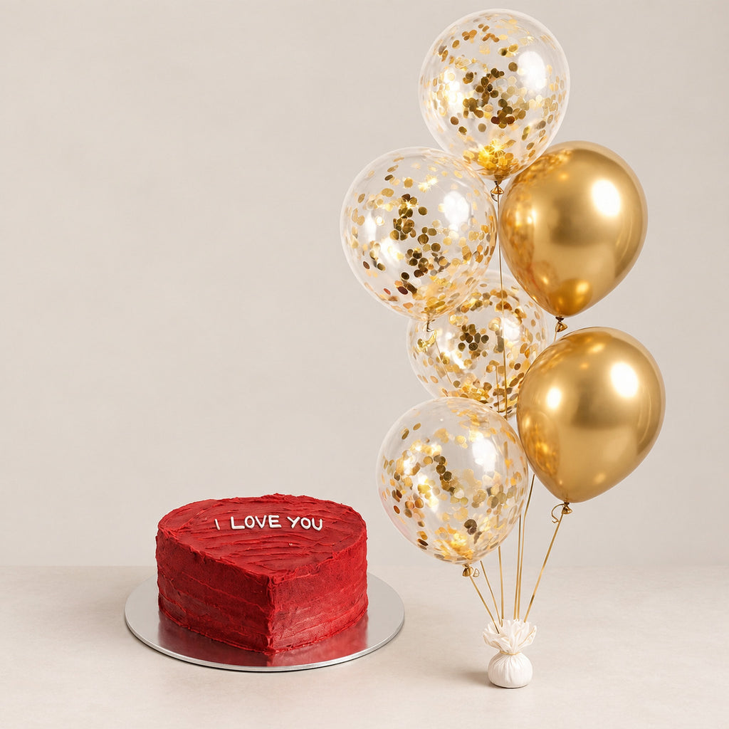Red Heart Cake & Golden Balloons Set