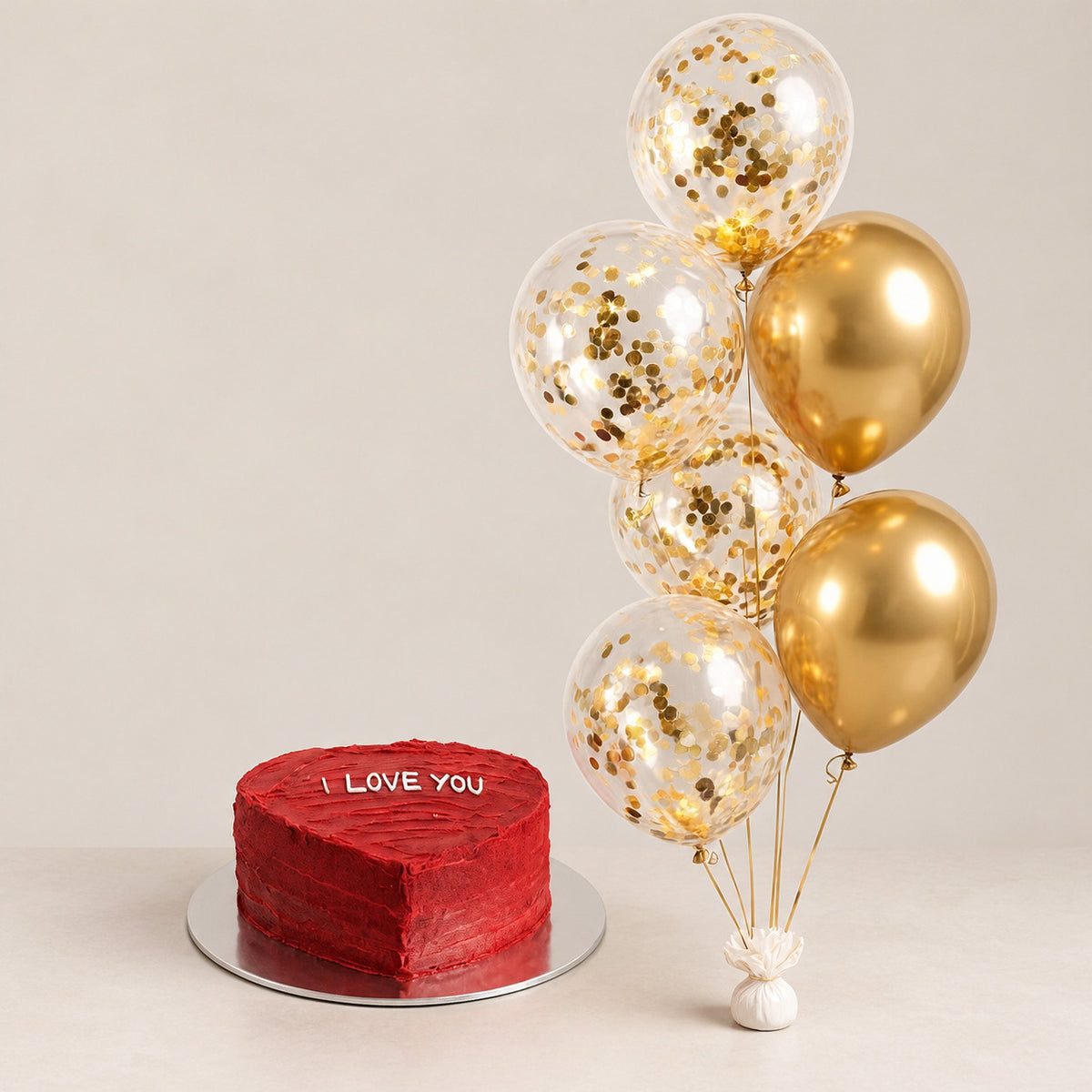 Red Heart Cake & Golden Balloons Set
