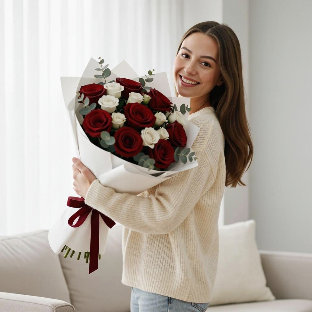 Red Heart Cake with Roses Combo held by a model, view 1