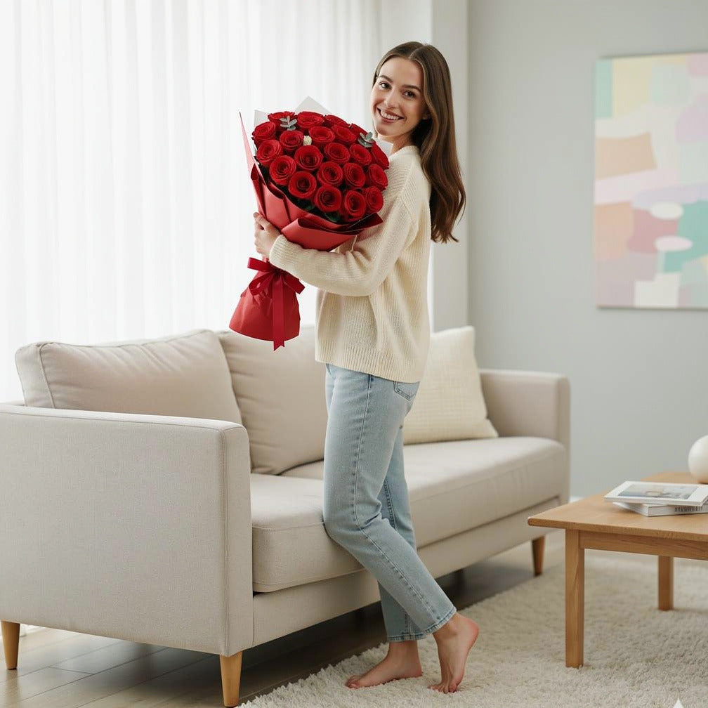 Red Heart Cake with Roses Combo held by a model, view 2