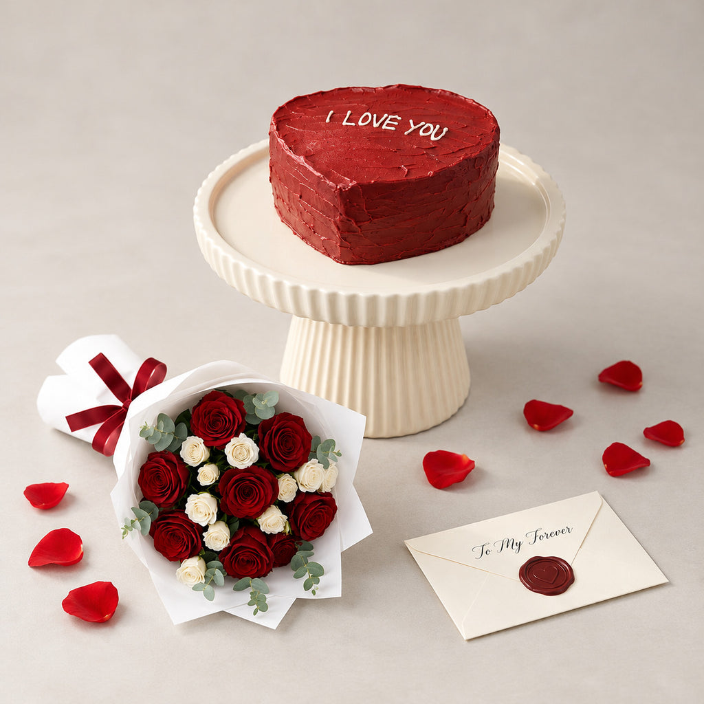 Red Heart Cake with Roses Combo