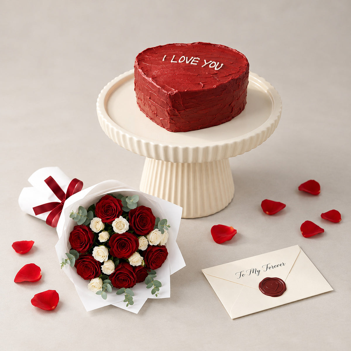 Red Heart Cake with Roses Combo