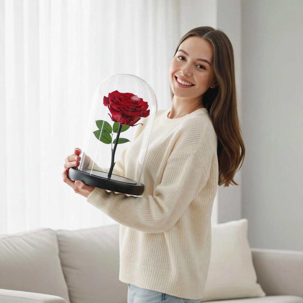 Red Medium Preserved Rose held by a model, view 1