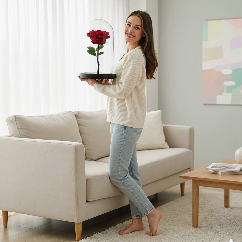 Red Medium Preserved Rose held by a model, view 2