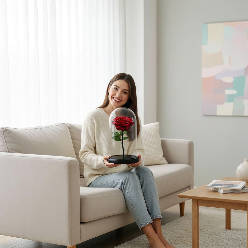 Red Medium Preserved Rose held by a model, view 3