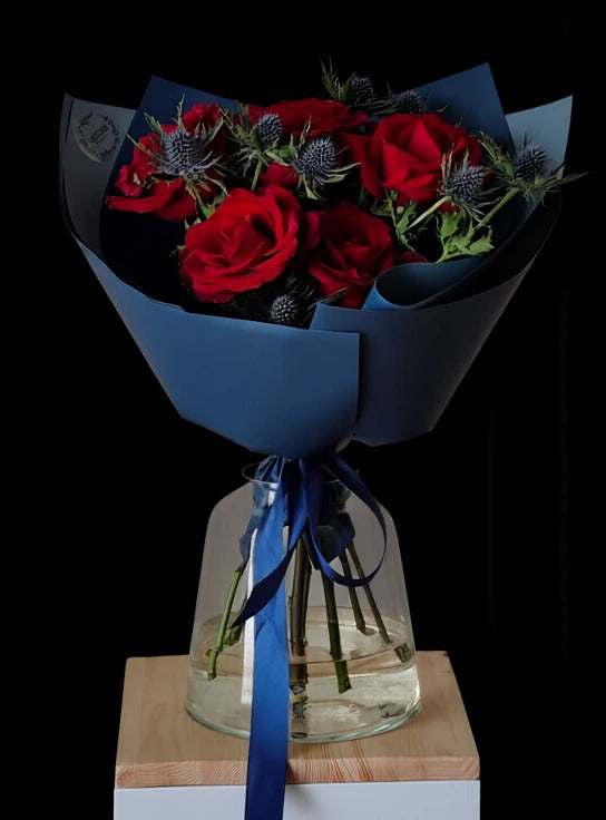 Red Rose Blue-Wrap Bouquet