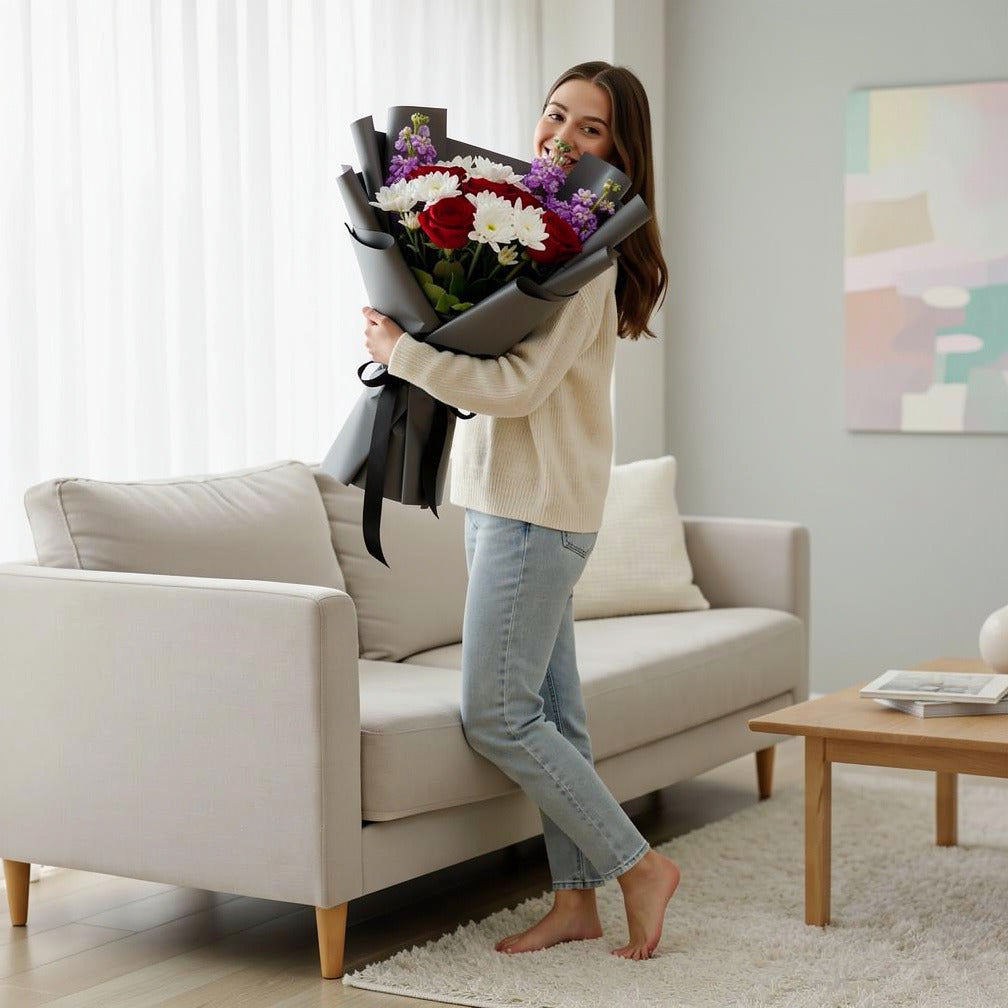 Red Roses & Chrysanthemum Bouquet held by a model, view 2