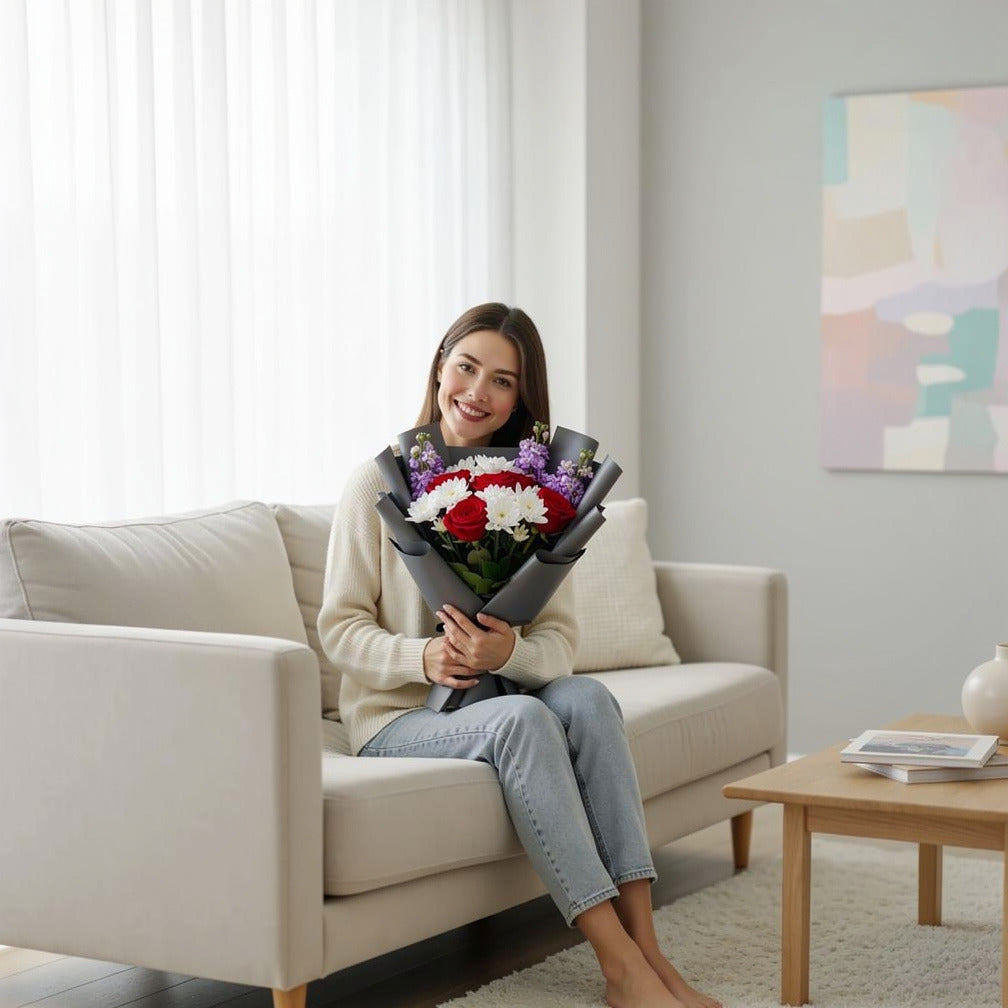 Red Roses & Chrysanthemum Bouquet held by a model, view 3
