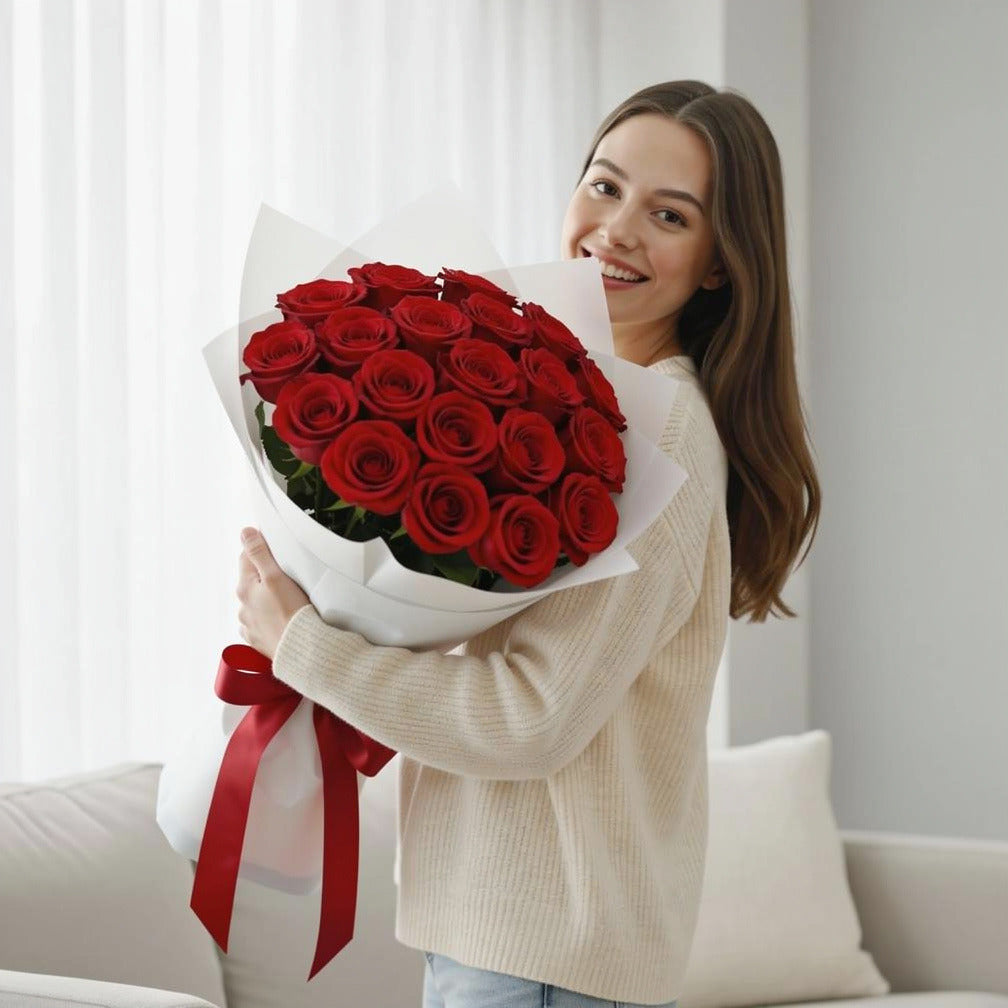 Red Roses with Red Velvet Cake Combo held by a model, view 1
