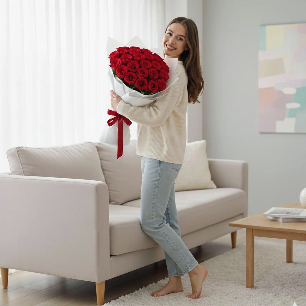 Red Roses with Red Velvet Cake Combo held by a model, view 2