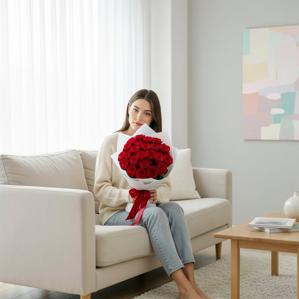 Red Roses with Red Velvet Cake Combo held by a model, view 3