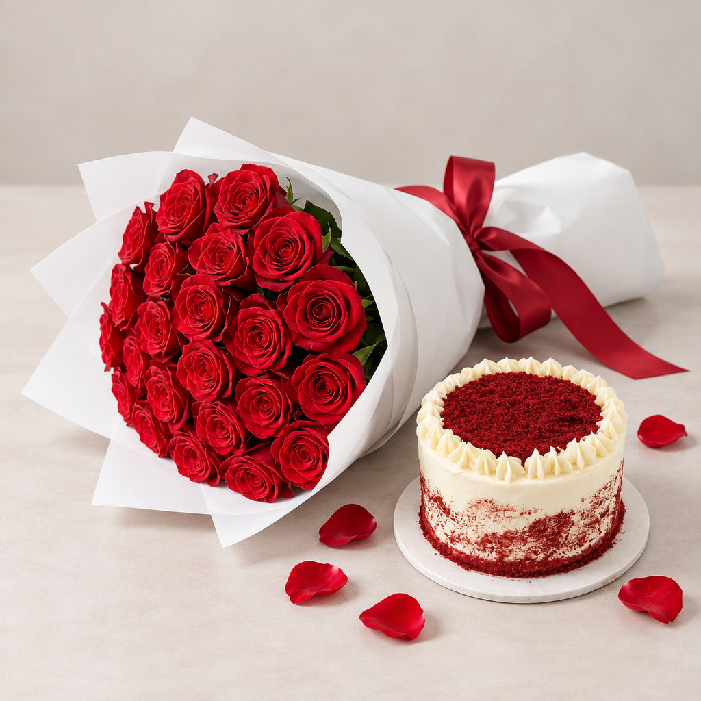 Red Roses with Red Velvet Cake Combo