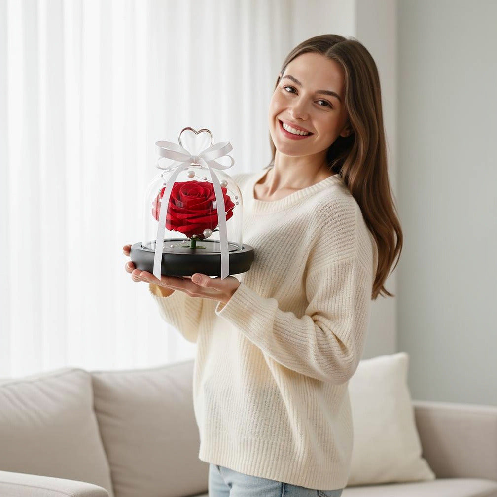 Red Small Preserved Rose held by a model, view 1