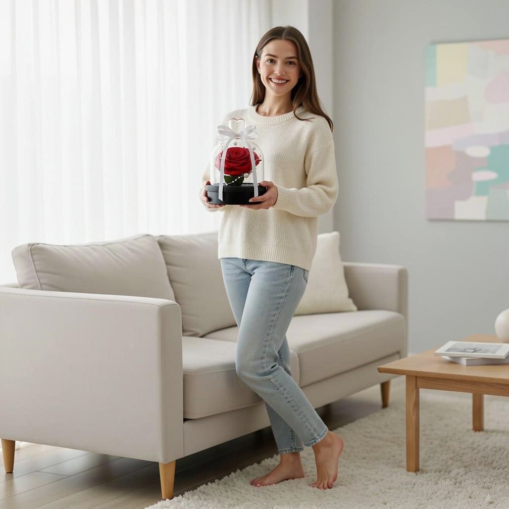 Red Small Preserved Rose held by a model, view 2