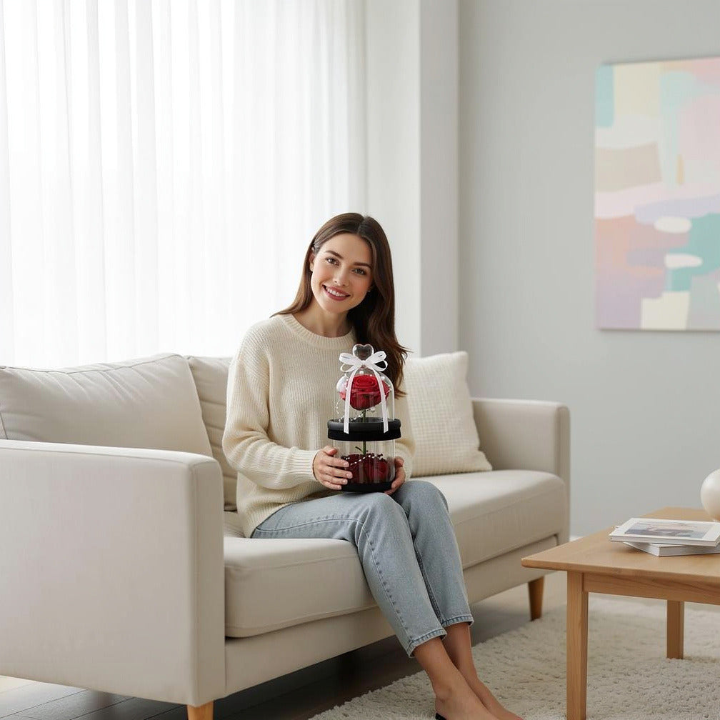 Red Small Preserved Rose held by a model, view 3