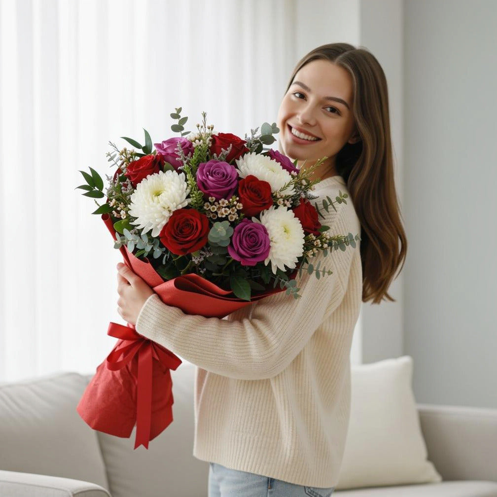 Regal Bridal Bouquet of Red & Purple Roses & White Chrysanthemums held by a model, view 1