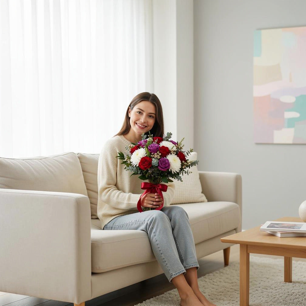 Regal Bridal Bouquet of Red & Purple Roses & White Chrysanthemums held by a model, view 3
