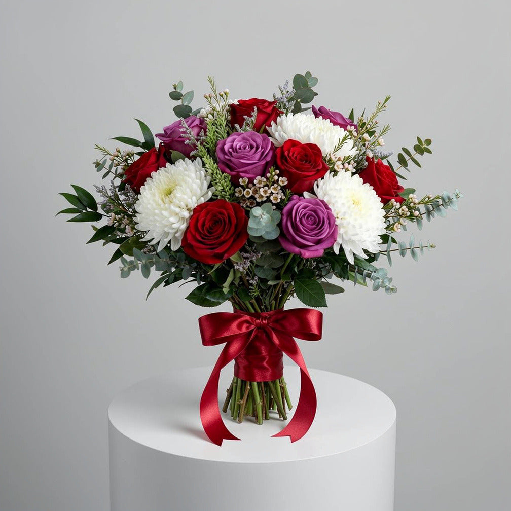 Regal Bridal Bouquet of Red & Purple Roses & White Chrysanthemums