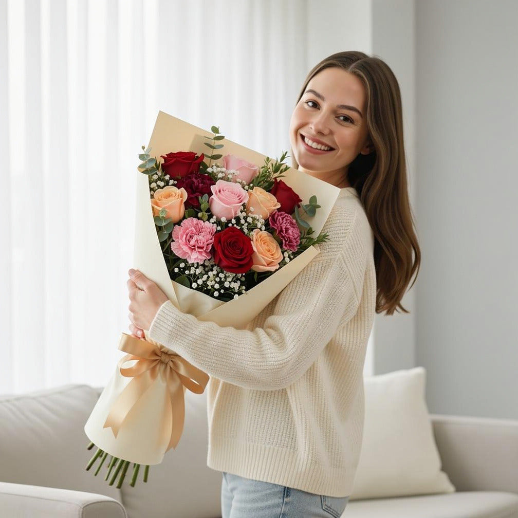 Romantic Pink Peach & Red Rose Bouquet held by a model, view 1