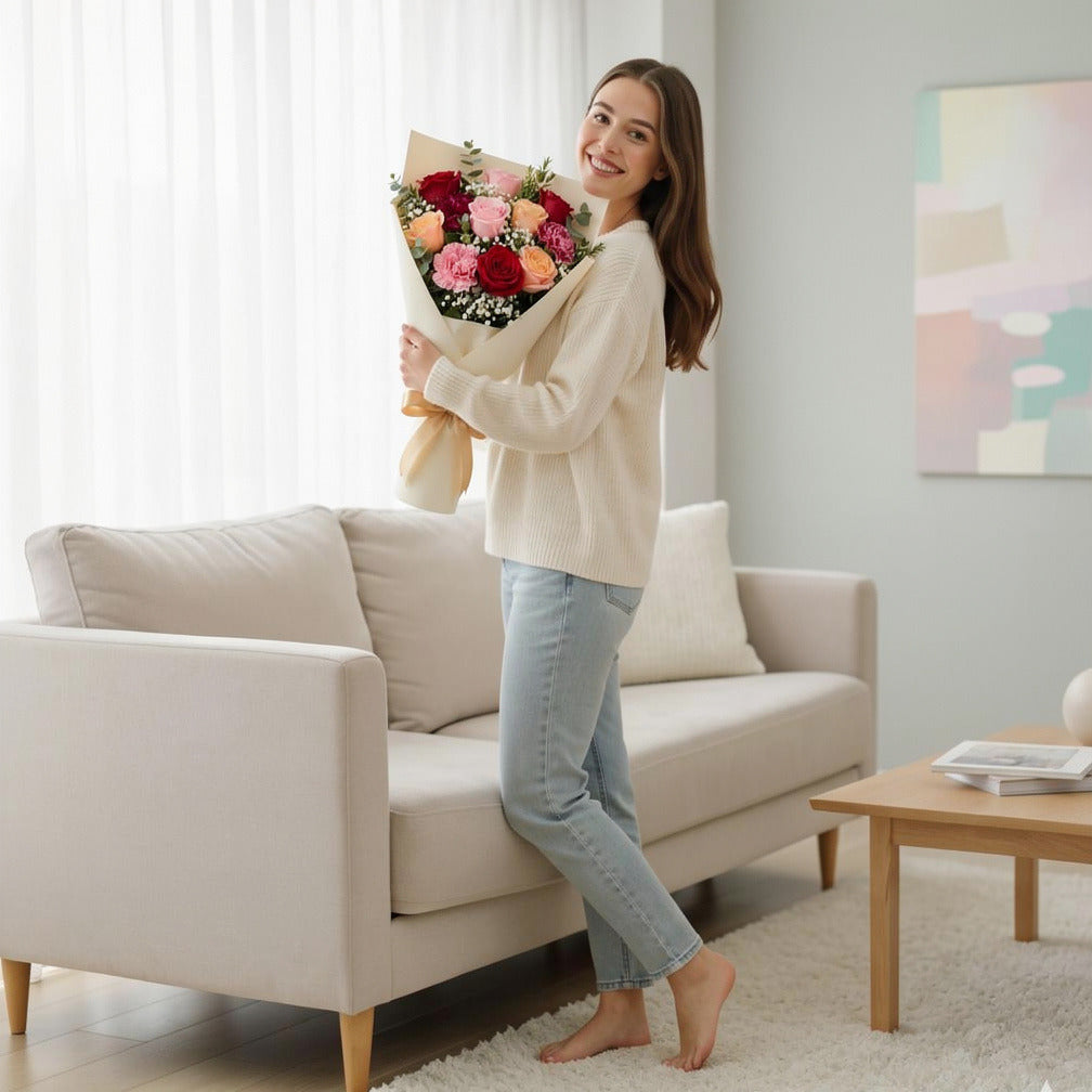 Romantic Pink Peach & Red Rose Bouquet held by a model, view 2