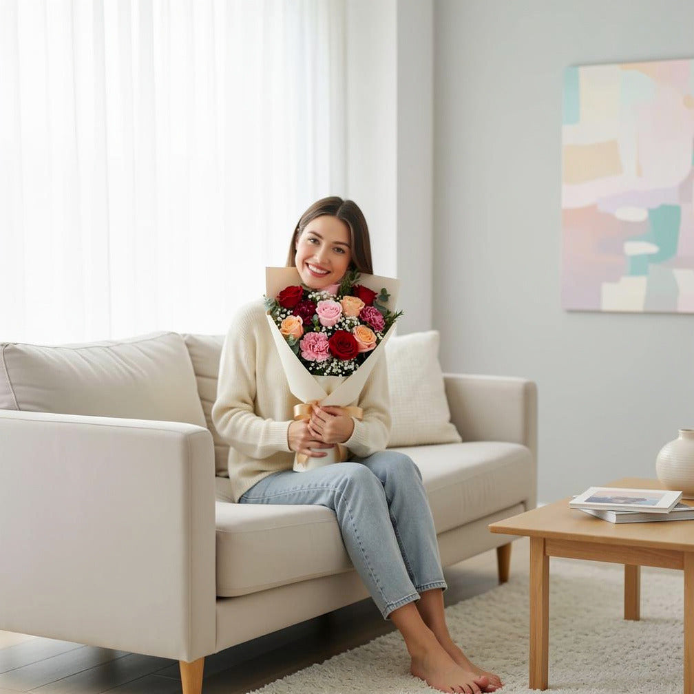 Romantic Pink Peach & Red Rose Bouquet held by a model, view 3