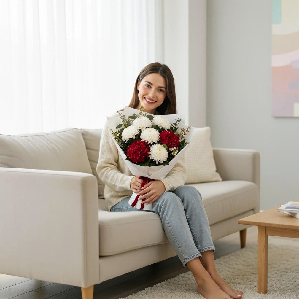 Romantic Red Hydrangea & White Rose Bouquet held by a model, view 3