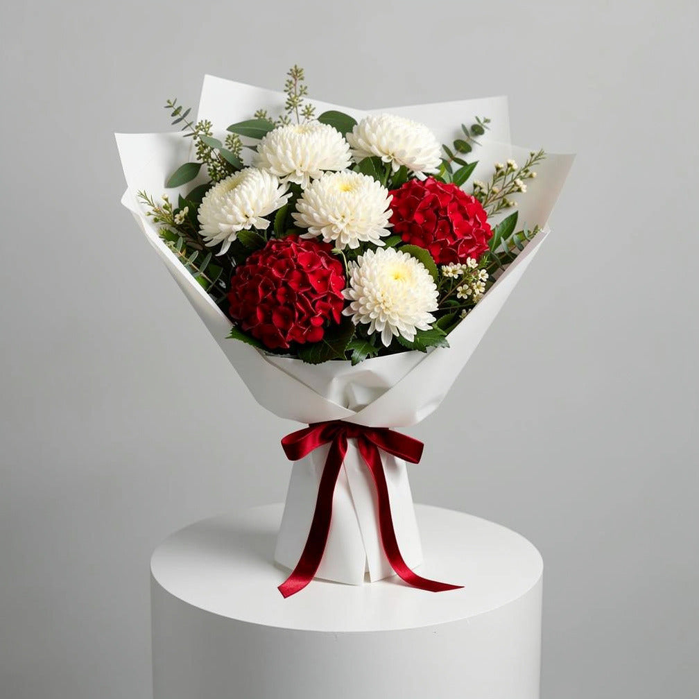 Romantic Red Hydrangea & White Rose Bouquet